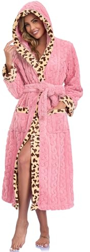 RONGTAI Damrock mjuk luddig fleece lång badrock leopardtryck husrock med fickor och bälte S-XXL, Rosa, L