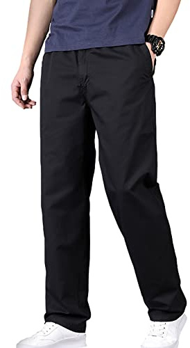 Jamron Hombre Cintura Elástica Pantalones Chinos Casual de Pata Ancha Pantalones de Trabajo de Algodón con 4 Bolsillos Negro 4XL