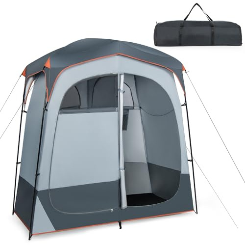 HOMASIS Tienda de Ducha Camping de 2 Habitaciones, Tienda de Vestuario Baño Portátil para WC con Ventana, Bolsillo de Almacenamiento, Gancho y Bolsa de Transporte, para Playa, Senderismo (Gris)