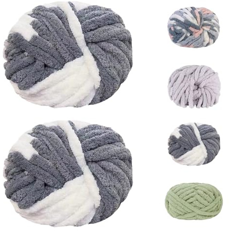 Fil de Crochet en Tricot (2 Pièces), Chunky tricoter Épais, fil Épais à Crocheter ou à tricoter, Grosse Laine à Tricoter à la Main, Fil de Laine à tricoter pour Écharpes (Gris-blanc)