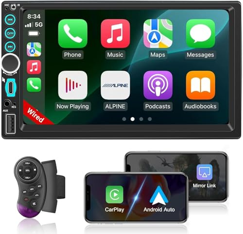 Double Din Car Stereo Apple Carplay Radio Screen for Car Audio Receivers, Bluetooth Car Play Android Auto 6 Touchscreen, Car Radio Support Bluetooth, SWC, Mirror Link, FM, Type-C