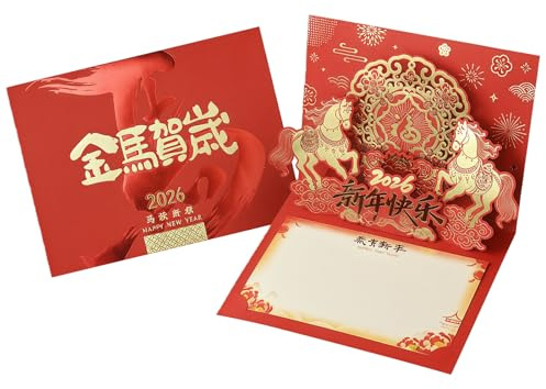 Happy Chinese New Year Card 2026 3D Pop Up Year of the Horse Greeting Card with Envelope, Spring Festival Good Luck Gift for Family, Friends, Teachers and Colleagues