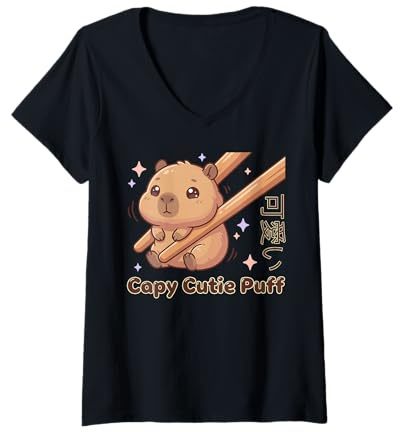 Mujer Lindo Palillo Kawaii Cutie Puff Capybara Meme Camiseta Cuello V