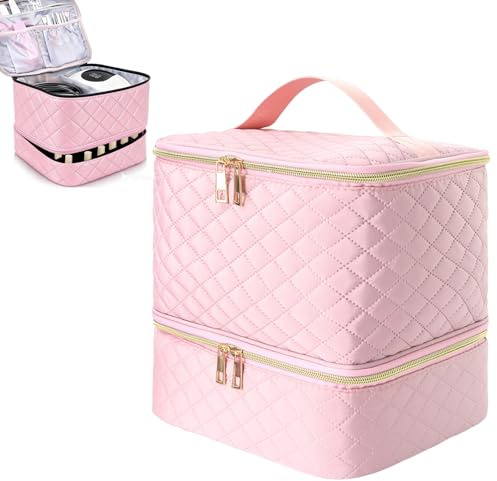 Eulihent Nail Varnish Storage, Double Layer Nail Bag Organiser Cosmetic Bag with Adjustable Dividers for 30 Bottles Lipstick, Manicure Tools Storage(Pink)