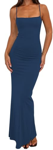 Adooadoo Women's Bodycon Maxi Dress Spaghetti Strap Square Neck Sleeveless Long Dress Summer Elegant Party Casual Dress Y2K Aesthetic Clothes