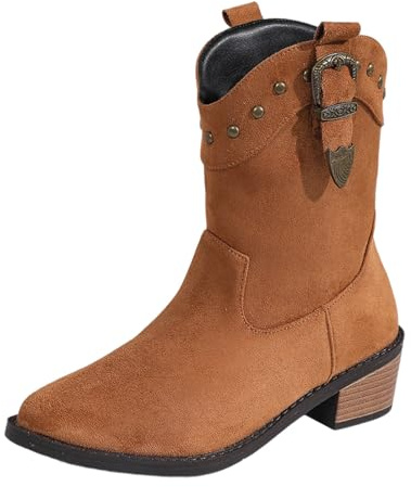 HTNEDNST Stivali da cowboy estivi da donna, stivaletti da cowgirl, classici, larghi, in pelle scamosciata, con tacco a blocco, stivali estivi, stivali da festival, stivali tradizionali, stivaletti