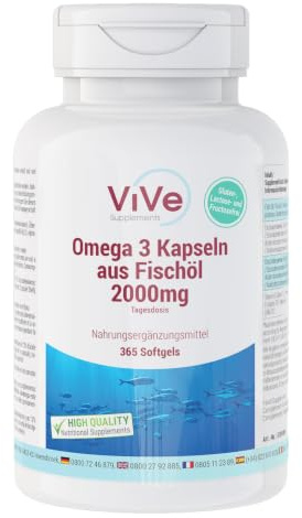 Cápsulas de omega 3 de aceite de pescado 2000mg - 365 cápsulas blandas - 2000mg por dosis diaria - con EPA, DHA y vitamina E - Alta dosis - Biodisponibles - Calidad alemana - ViVe Supplements