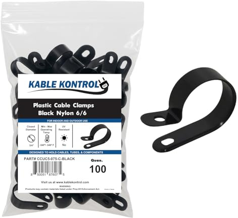 Kable Kontrol Nylon Cable Clamps – R‑Type 3/4″ Diameter – 100 Pcs - Nylon 6-6 Screw Mount Wire Clamps Cord Clips Mounting Fastener Clip Cord Clamps for Industrial & Automotive Use – Black