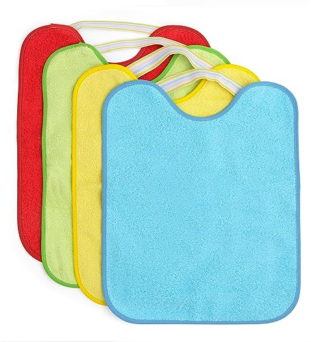 Ti TIN| Lot de 4 Bavoirs Éponges Imperméables| 33x36 cm | 90% Coton 10% polyester - Bavoirs Bébés de plus de 1 an - Fermeture Élastique - Doublure Vinyle - Motif et Couleur unie - 320gr/m²