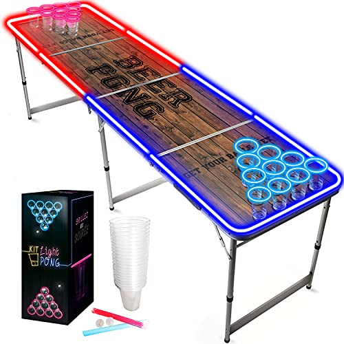 Beer Pong® - Table Lumineuse avec Néons Rouges et Bleus + 22 Cups + 24 Sticks + 2 Balles Fluo - Table Pliable, Transportable, Anti-Rayures - Jeu de Biere Pong