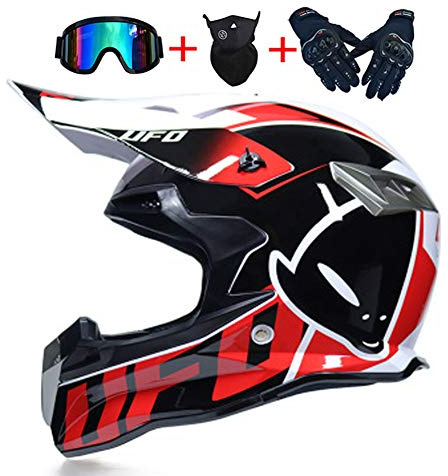 Casco da Motocross Unisex, Tema UFO Casco da Moto Set con Occhiali Maschera Guanti, Caschi da Cross Motocicletta Off-road Enduro Downhill ATV MTB BMX Racing Casco, Rosso Bianco Nero,S(54~55cm)