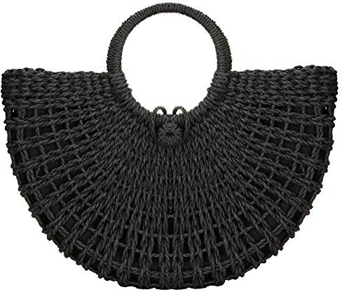 Straw Bag for Women Summer Handwoven Tote Bag Rattan Handbag Hollow Boho Style Clutch Purse for Beach Travel Daily Use (Black)