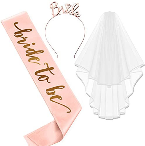 Accessoires für Bride to Be, Frauen Junggesellinnenabschied Set - Braut Schärpe, Schleier, Rosegold Stirnband und Accessoires für Bachelorette Party und Hochzeitsfotografie, 3 Stück
