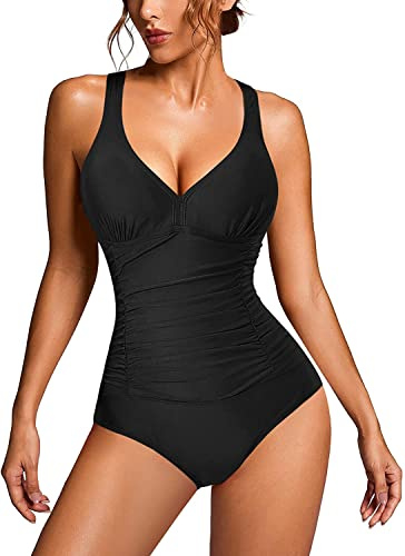 Traje de Baño de Una Pieza para Mujer Cuello en V Elegante Monokini Moda Adelgazamiento Bikini Halter Ropa de Baño (M, Negro)