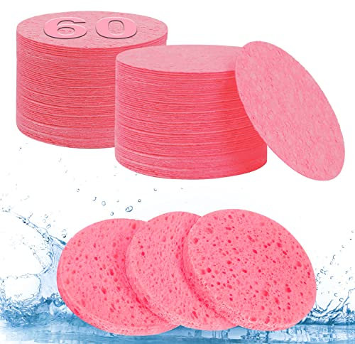 AUAUY Komprimierte Gesichtsschwämme, 60 Stück Zellulose Gesichtsschwämme, 100% Naturkosmetikschwämme zur Gesichtsreinigung, Peeling-Maske, Make-up-Entfernung(Rosa)