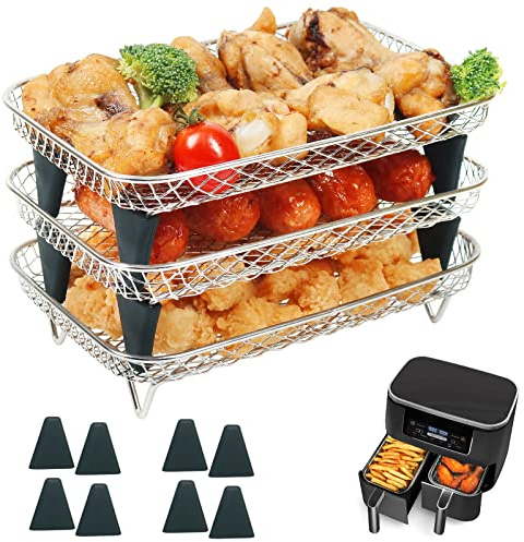BYKITCHEN Air Fryer Rack for Ninja Dual Basket, 3 Layers, 304 Stainless Steel Stacking Bacon Racks, Air Fryer Accessories for Ninja AF300UK, Salter/Instant/EMtronics Double Drawer Fryers
