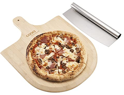 Cooks Professional Bamboo Pizza Board & Stainless-Steel Cutter Set | Modern Stylish Design Versatile Wooden Serving Tray 35 x 33cm with Rocking Cutting Tool