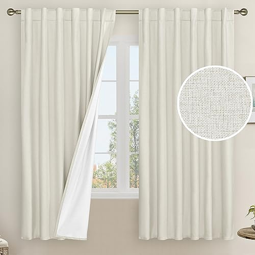 LAMIT 100% Blackout Natural Polyester Curtains, 63 Inches Linen Textured Thermal Bedroom Curtains Back Tab and Rod Pocket Neutral Panels with White Liner for Farmhouse, 2 Panels, 52 x 63 Inch, Ivory