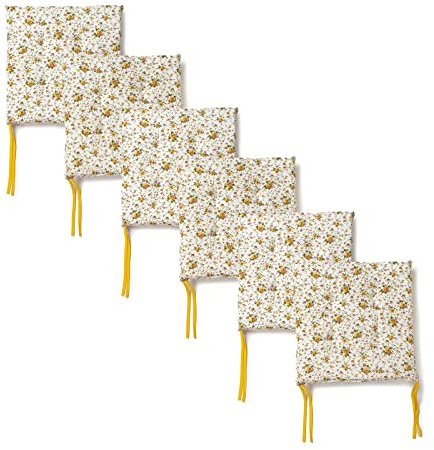 PARAMAISON Cuscini Sedia Provenzale 4 Punti, Fissaggio con Laccetti, Set da 6 pezzi, Imbottito, Non Sfoderabile, Fantasia Gialla, 40x40x3,5 cm