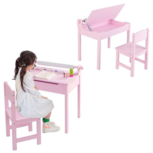 LIFEZEAL Juego de Mesa y Silla Infantil, pupitre Escolar con Silla y cajón, Escritorio con Tablero Plegable y portarrollos de Papel, Conjunto de pupitre para niños de 3 a 12 años (Rosa)