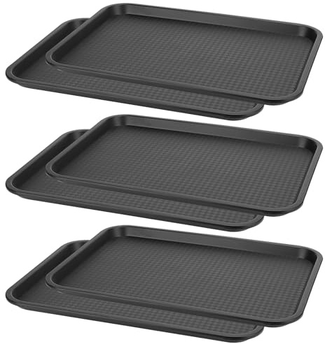 MANCHAP 6 Pack 16 x 12 Inch Black Plastic Fast Food Tray, Rectangle Food Service Trays, Restaurant Cafeteria Serving Trays for Party, Home