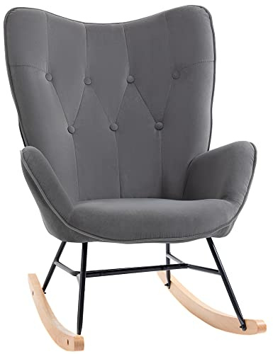 HOMCOM Fauteuil à Bascule, Rocking Chair, Fauteuil Allaitement Confortable avec Structure en Bois Massif et métal pour Salon, Chambre, Balcon, Velours Gris foncé