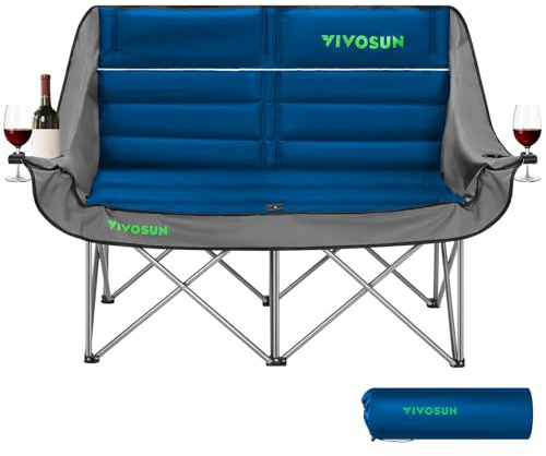 VIVOSUN Double Camping Chair, Fully Padded Folding Loveseat, Oversized Duo Chair with Cup & Wine Glass Holders, Pocket, Armrests & Carry Bag, Supports up to 500lbs, Blue & Grey