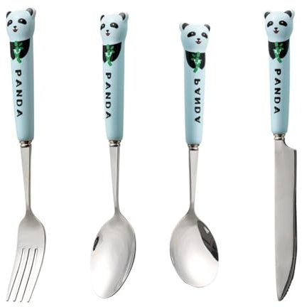Bestecksets 4 Stück Karikatur Edelstahl Messer Gabeln Löffel Gabeln Keramikgriffe Geschirr Zarte Desserts Löffel Löffel Löffel Blau