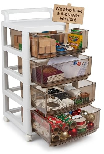 Froppi Plastic Storage Drawers, 4 Drawer Plastic Drawers Storage Unit with Handle, Plastic Storage Drawers on Wheels for Home Office, Plastic Drawer Unit for Craft Storage, White/Coffee