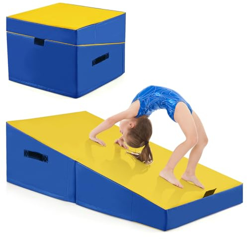 COSTWAY lutande gymnastikmatta, kilformad mjuk golvmatta, vikbar, 2-i-1 gymnastikmatta med bärhandtag, sportmatta, fitnessmatta barn för hem, gym (gul)