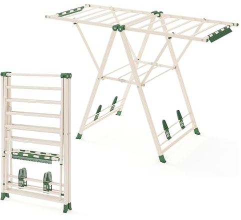HOMASIS Séchoir à Linge Pliable en Métal avec Ailes Réglables en Hauteur, Étendoir à Linge avec Rails de Séchage, Pinces à Chaussettes, Barres Latérales pour Intérieur et Extérieur (Beige,141cm)