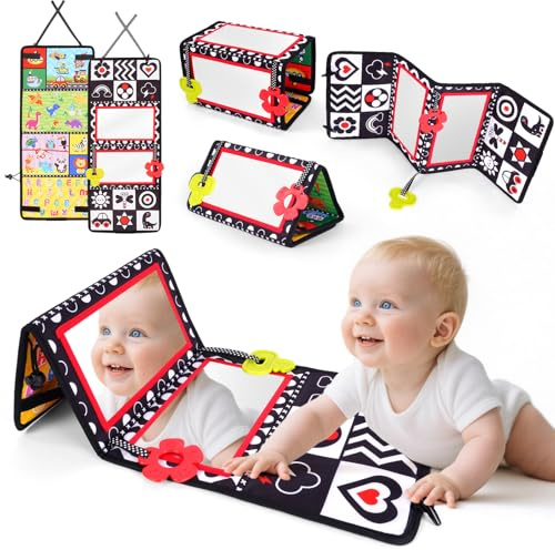 Vicloon Giocattoli a Specchio per Bambini, Libro Sensoriale con Specchio, Tummy Time Bianco e Nero Giocattoli Educativi, Giochi Montessori Neonato, Pieghevole, per Neonati 0-12 Mesi