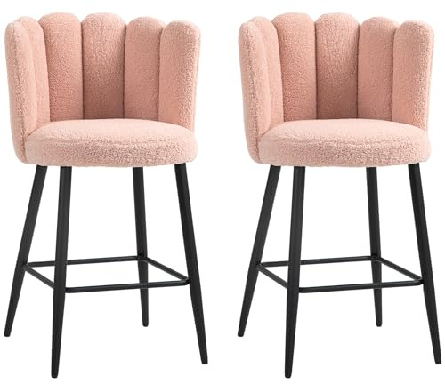 HOMCOM Lot de 2 Tabourets de Bar en Tissu Effet Laine Bouclée Acier Rose | Chaises de Bar, Assise Rembourrée 65 cm, Dossier Floral, Repose-Pieds, Chaises Hautes Cuisine, Salle à Manger