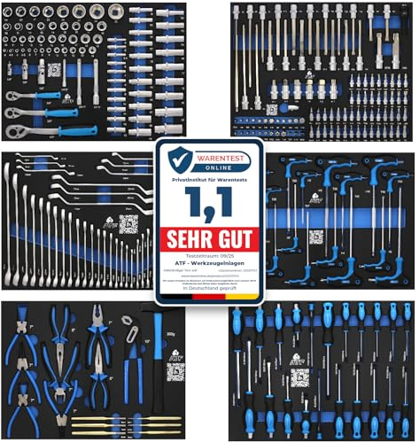 ATF Premium Werkzeugeinlage, 273-teilig bestückt, Steckschlüssel-/Schraubendreher-/Zangen Set, CV mit 6 Schaumstoffeinlagen 52x39cm Einlage gefüllt für Werkstattwagen/Werkzeugwagen EVA Carbon