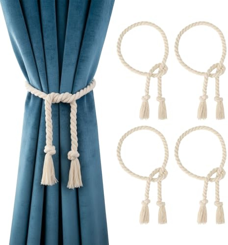 VINATO 4 Pezzi Ferma Tenda, Fermatende Corda in Cotone da 100CM, Corda Intrecciato a mano Stile Bohémien, Decorazione di Tende per Camere da Letto Soggiorni Uffici