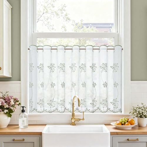 TOPICK Skivgardin kök genomskinlig bistrogardin vardagsrum modern köksgardin gardin halsdukar fönstergardin kort gardin för kök köksfönster lantlig stil 1 st B 145 x H 60 cm grön