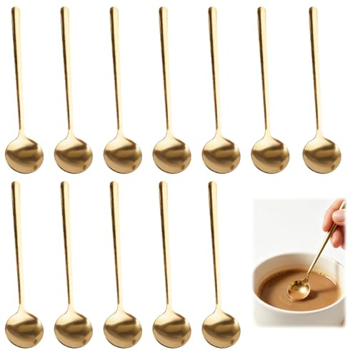 12 Piezas Cucharas de Café Dorada, 13.2 cm para Cocina Hogar Restaurante | Cuchara Redonda Dorada de Acero Inoxidable, Moderno y Elegante, Estilo Clásico, para Azúcar, Pastel, Helado, Sopa, café