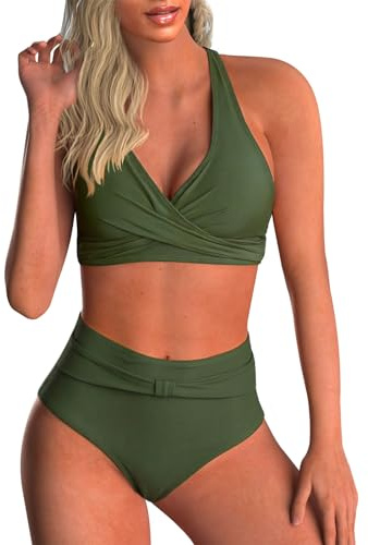 Adigaber Trajes de Baño para Mujer Talle Alto Estampado Conjunto de Baño | Top cruzado，Rellenos extraíbles，Control Abdominal，Tirantes regulables，Transpirable，Secado rápido，Playa，Sensual，