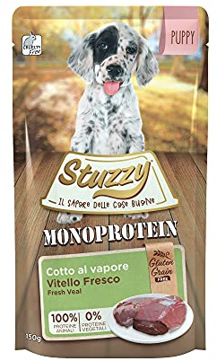 Stuzzy, Monoproteïne, Grain & Gluten Free, Nourriture Humide pour Chiens et Chiots au goût Veau Frais, préparé en pâté, Total 1,8 kg (12 sachets de 150 g)