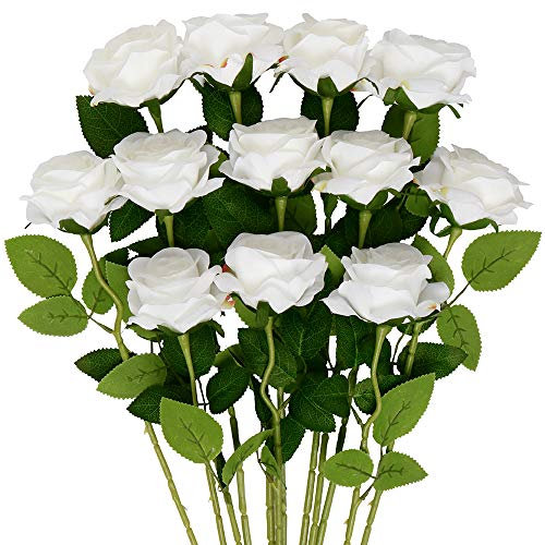 Mocoosy 12PCS Rose künstliche Blumen, weiße Seidenrosen Realistische einzelne Stiel gefälschte Rose Bouquet für Hochzeit Mittelstücke Brautdusche Hausgarten Dekorationen