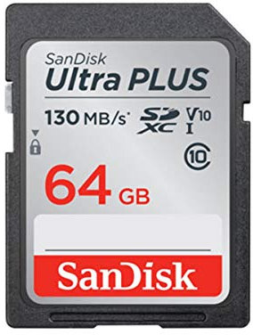 SanDisk Ultra Plus 64GB SD Memory Card, UHS-I, upto 130MB/s, Class 10, V10