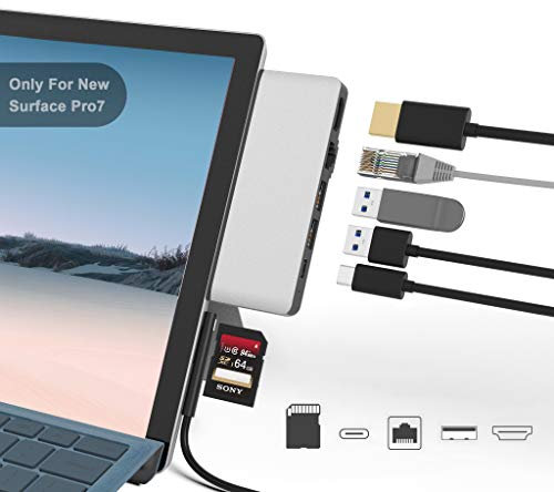 Surface Pro 7 Hub Docking station, adattatore Surface Pro 7 6 in 1 con 4K HDMI, LAN Ethernet 100M, 2 USB 3.0, adattatore combinato convertitore lettore di schede SD per Microsoft Surface Pro 7