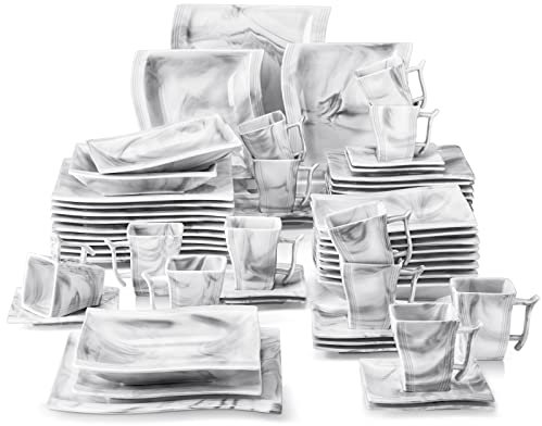 MALACASA Dinner Sets,60-Piece Square Plates Set with 12-Piece Dinner Plates/Soup Plates/Dessert Plates/Cups and Saucers,Plates and Bowls Set,Plates Set for 6,Marble Grey,Series Flora