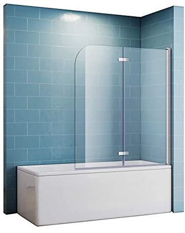 SONNI Mampara Bañera Abatible 180°NANO Cristal Templado 120x140cm, con Perfiles de Aluminio
