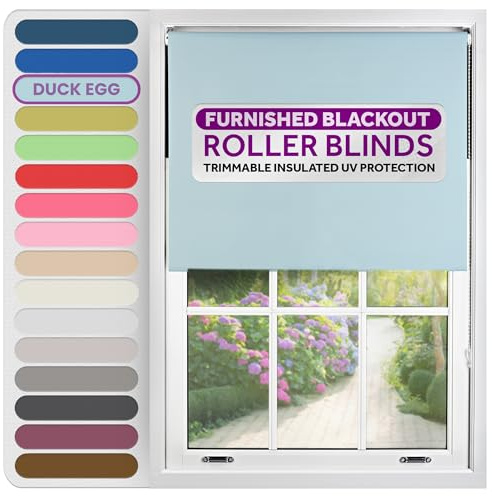 FURNISHED Roller Blinds Window Blackout, Duck Blue, 155cm Wide x 210cm Long | Thermal 100% blackout trimmable insulated UV protection child safe easy fit home office window blinds