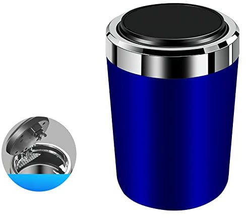 Cenicero de coche con tapa, cenicero al aire libre portátil de acero inoxidable sin humo, cenicero de cigarrillo automático con luz LED azul para oficina en casa de viaje