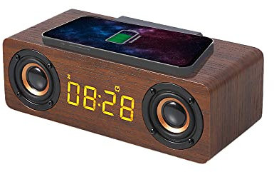 APM Enceinte Bluetooth Réveil Bois avec Radio FM, Chargement sans Fil Induction pour Smartphone,Port de Charge USB, Luminosité Réglable, Réveil Numérique Affichage LED, 425024
