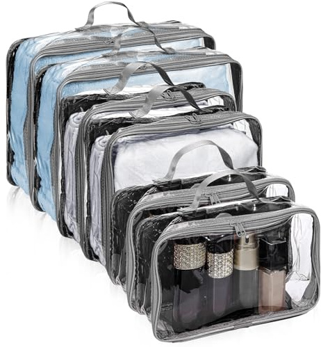 Hillban 6 Pcs Gray Large Clear Travel Packing Cube 3 Sizes See-through PVC Organizer for Suitcase Multipurpose Pouch with Handle Vinyl Zippered Storage Bags Luggage Cube Organizer