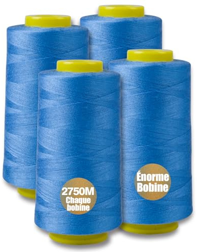 Lot de 4 fils à coudre, 100% polyester, pour machine à coudre, 4 fils à coudre, indéchirables, fil à coudre, fil de surjection, 40/2 chacune, 2745 m, 11000 m au total (Bleu ciel)