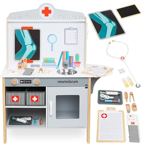 mamabrum Armadietto dei Medicinali in Legno XXL - Set da Medico con 20 Accessori Realistici e Valigetta per Bambini